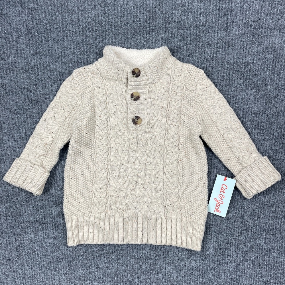 Cat & Jack Toddler Boys Cable Knit Sweater 3T Oatmeal Heather Sherpa Collar NWT